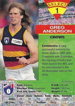 1994 Select AFL #1 Greg Anderson Back